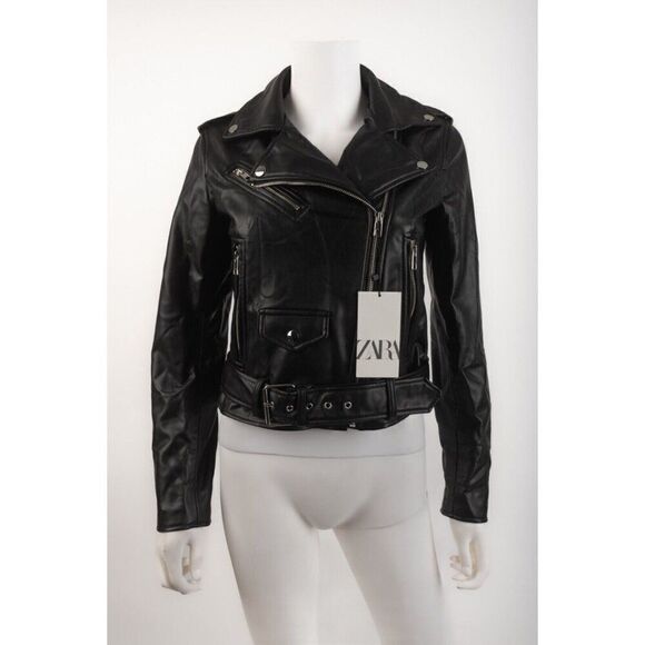 Zara Womens Black Faux Leather Belted Biker Jacket S Small NWT 3046/237 - Picture 1 of 6